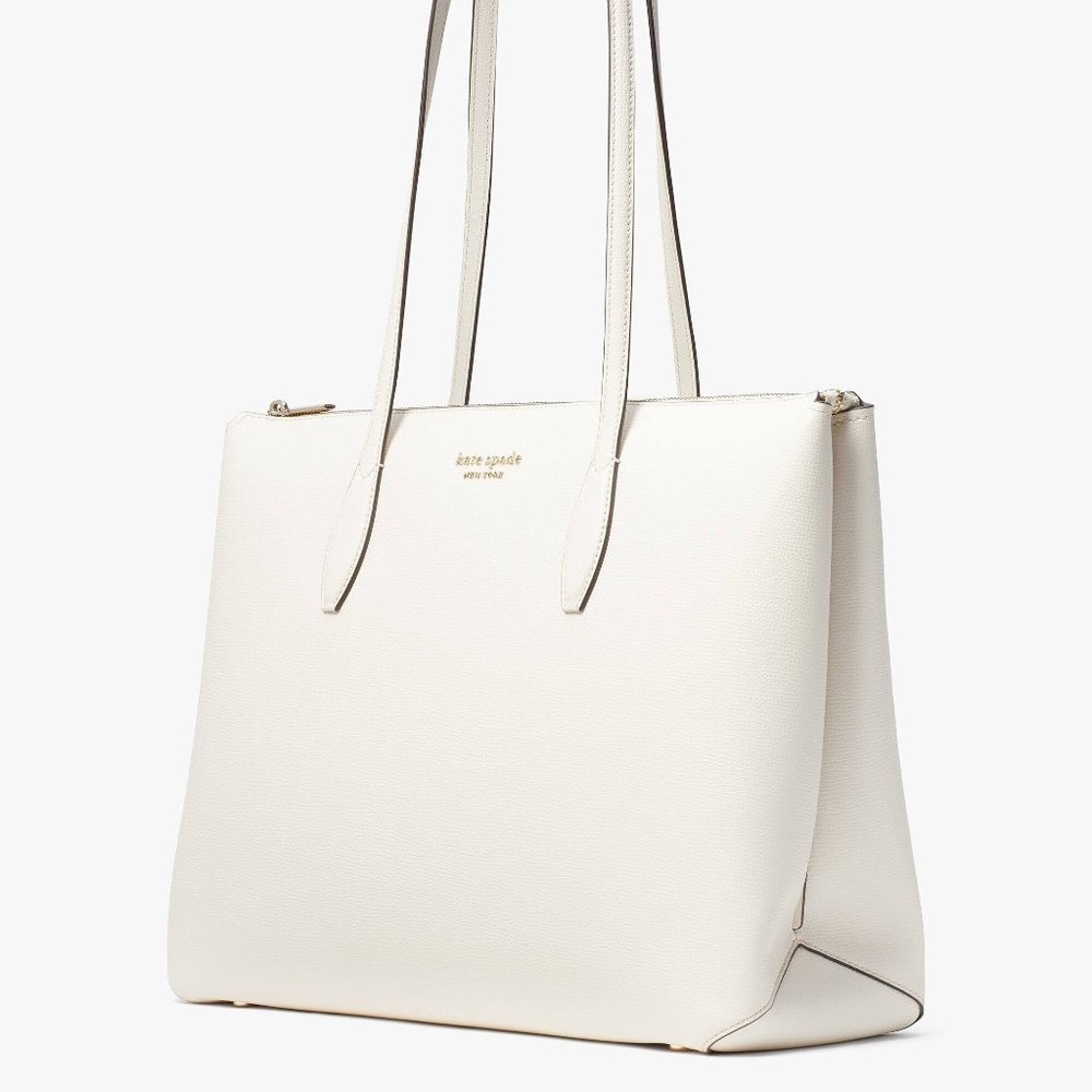 New Kate Spade All Day Large Zip-Top Tote Crossgrain Leather Parchment